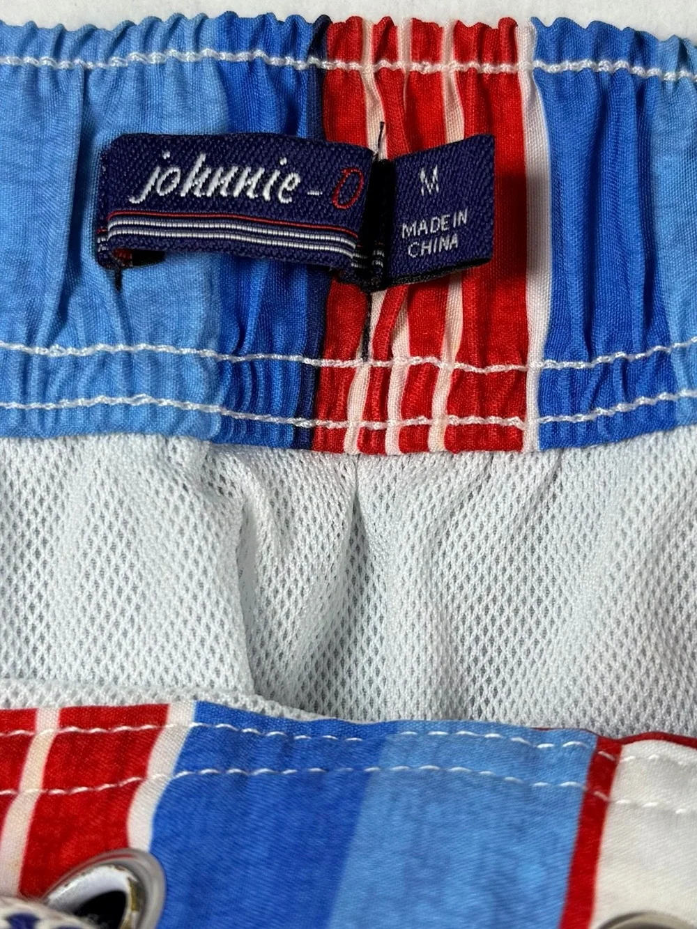 Johnnie-O Swim Trunks Medium Blue Red White Stripes Coastal Nautical